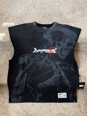 Black Sleeveless Tank Top with Mechanical Skull Graphic